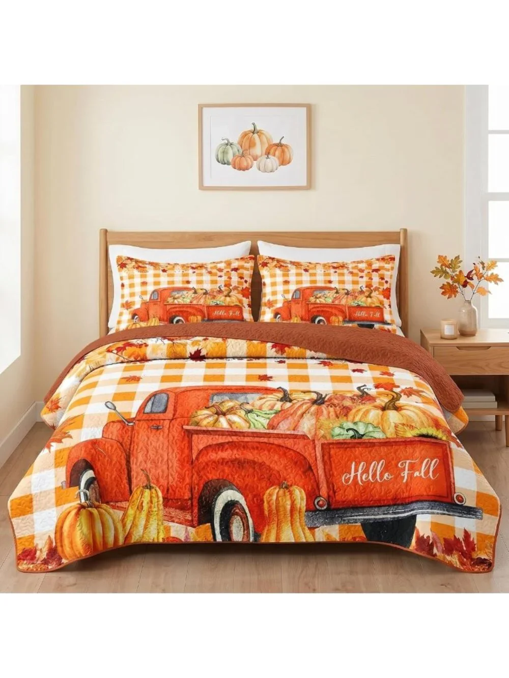 Cozy King Fall Quilt Set - 3 Piece Autumn Truck Bedding, Perfect for Seasonal